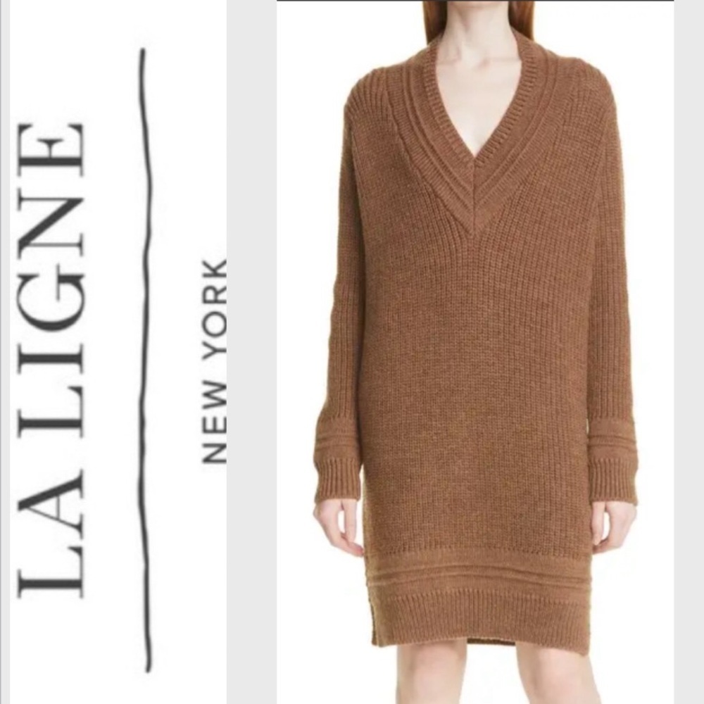La Ligne Cricket Long Sleeve chunky Merino Wool Sweater Dress Brown Tan Size XS